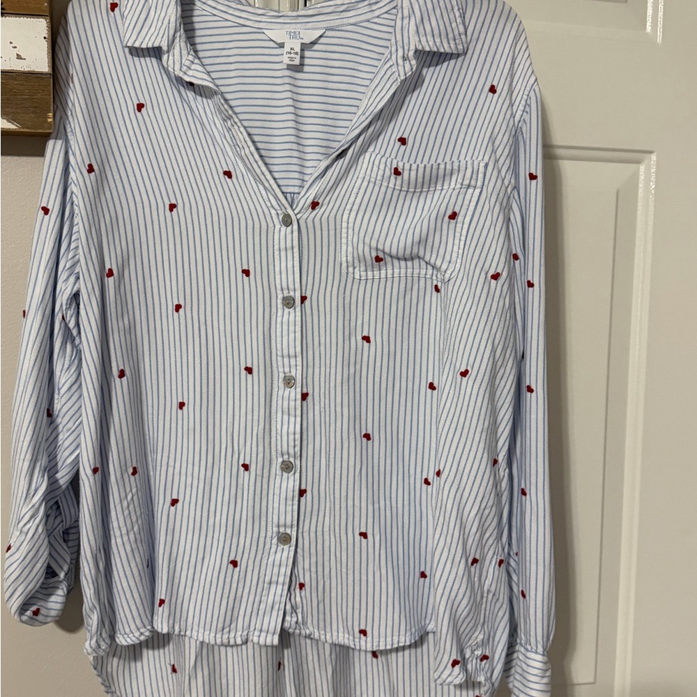 Time and Tru Blue and White Striped Top with red hearts